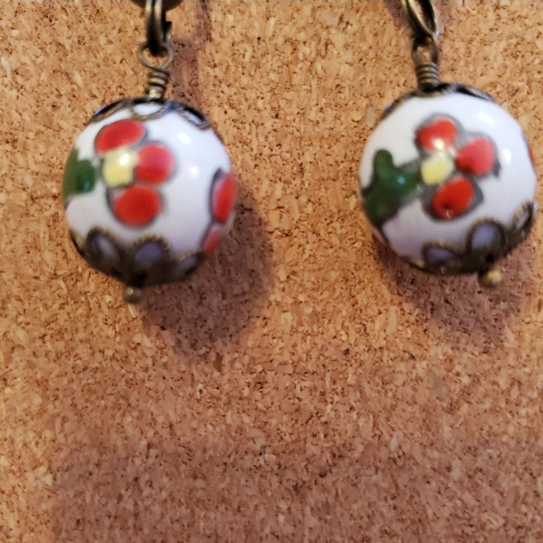 Porcelain Painted Red Flower Earrings