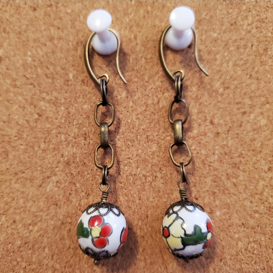 Porcelain Painted Red Flower Earrings