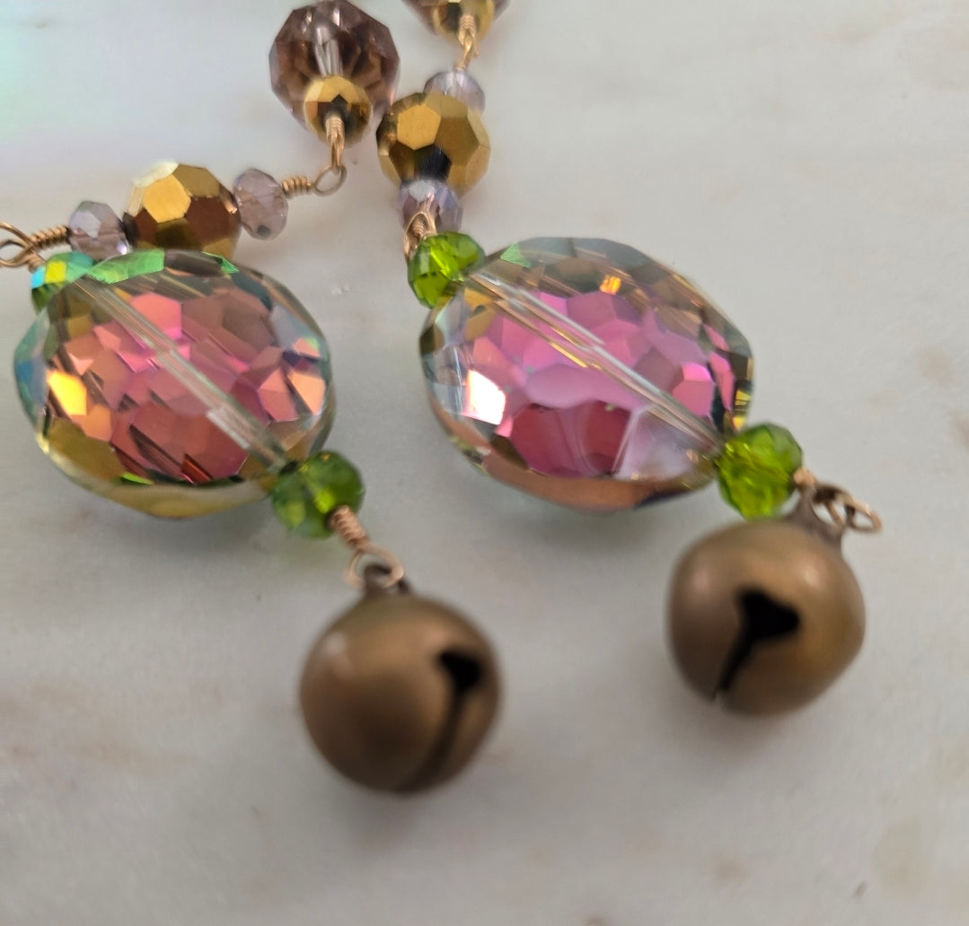 Shoulder tickler irredesent purple green and gold earrings
