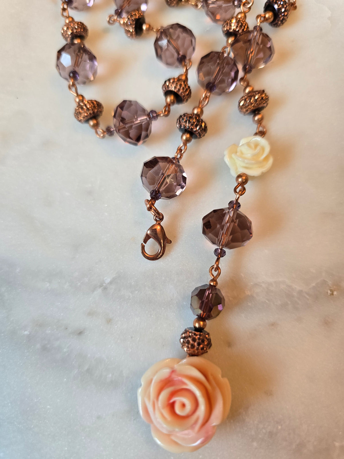 Peach Rose Purple Beaded Necklace