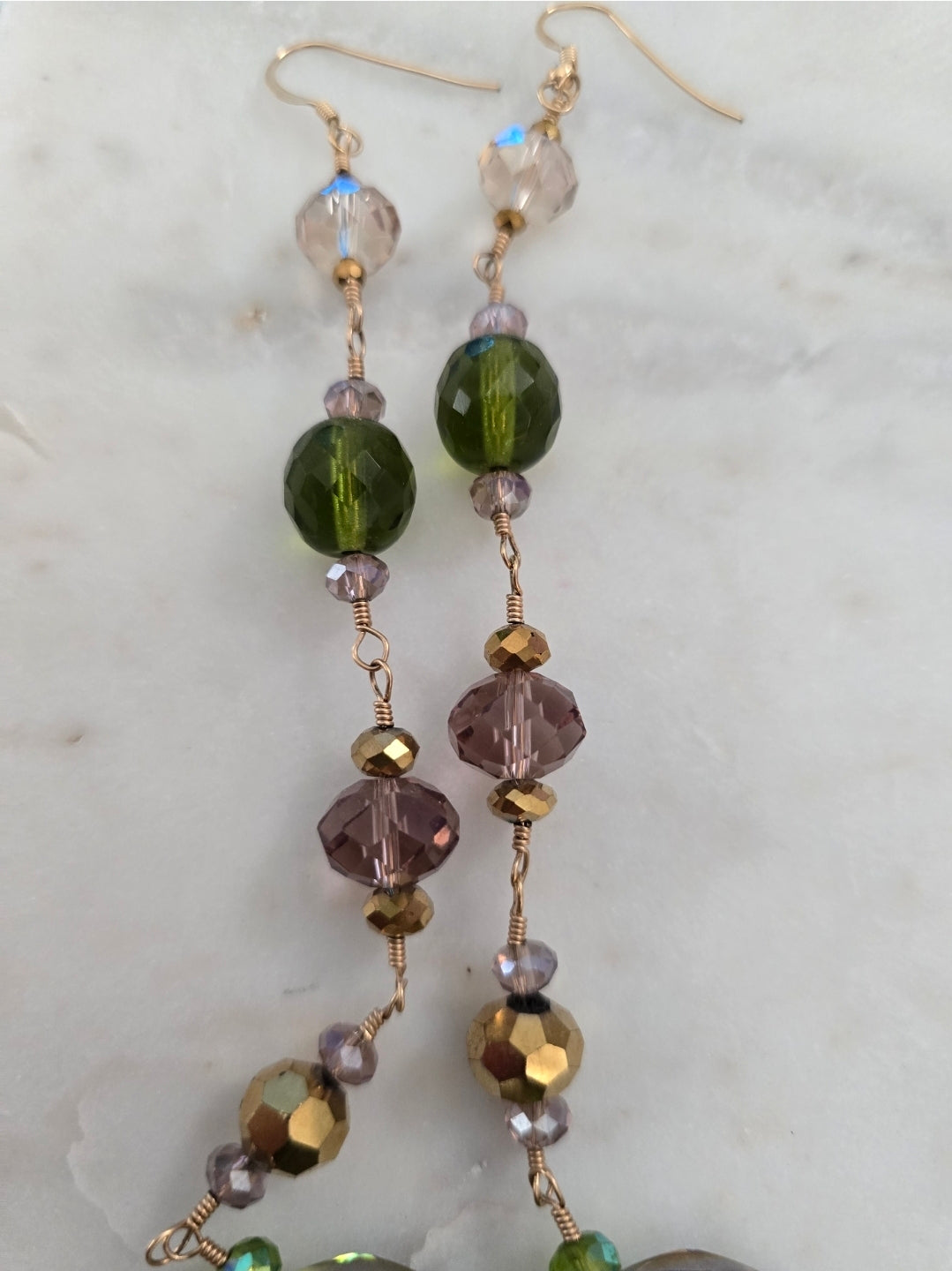Shoulder tickler irredesent purple green and gold earrings