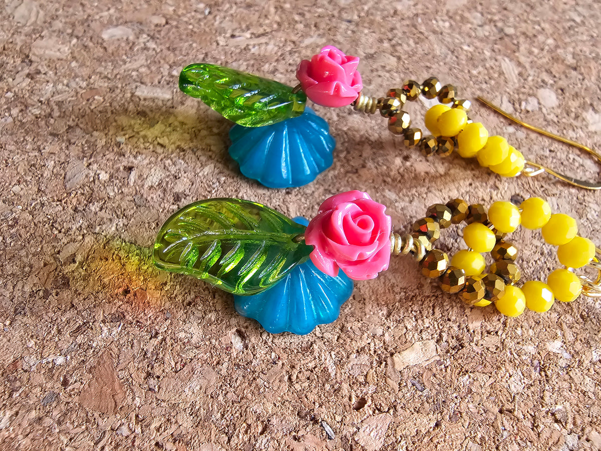 Double Sided Wild Blue & Pink Desert Flower Earrings