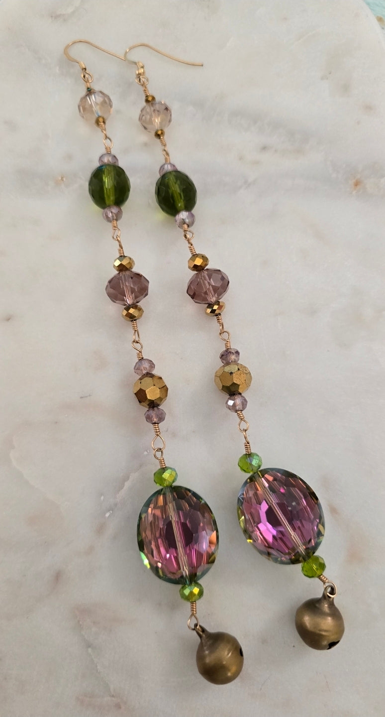 Shoulder tickler irredesent purple green and gold earrings