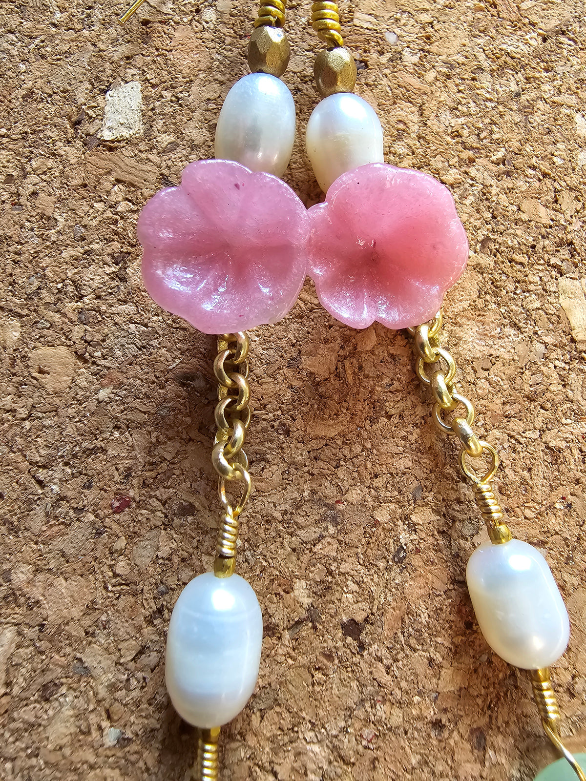 Pink Desert Flower And Fresh Water Pearls Earrings