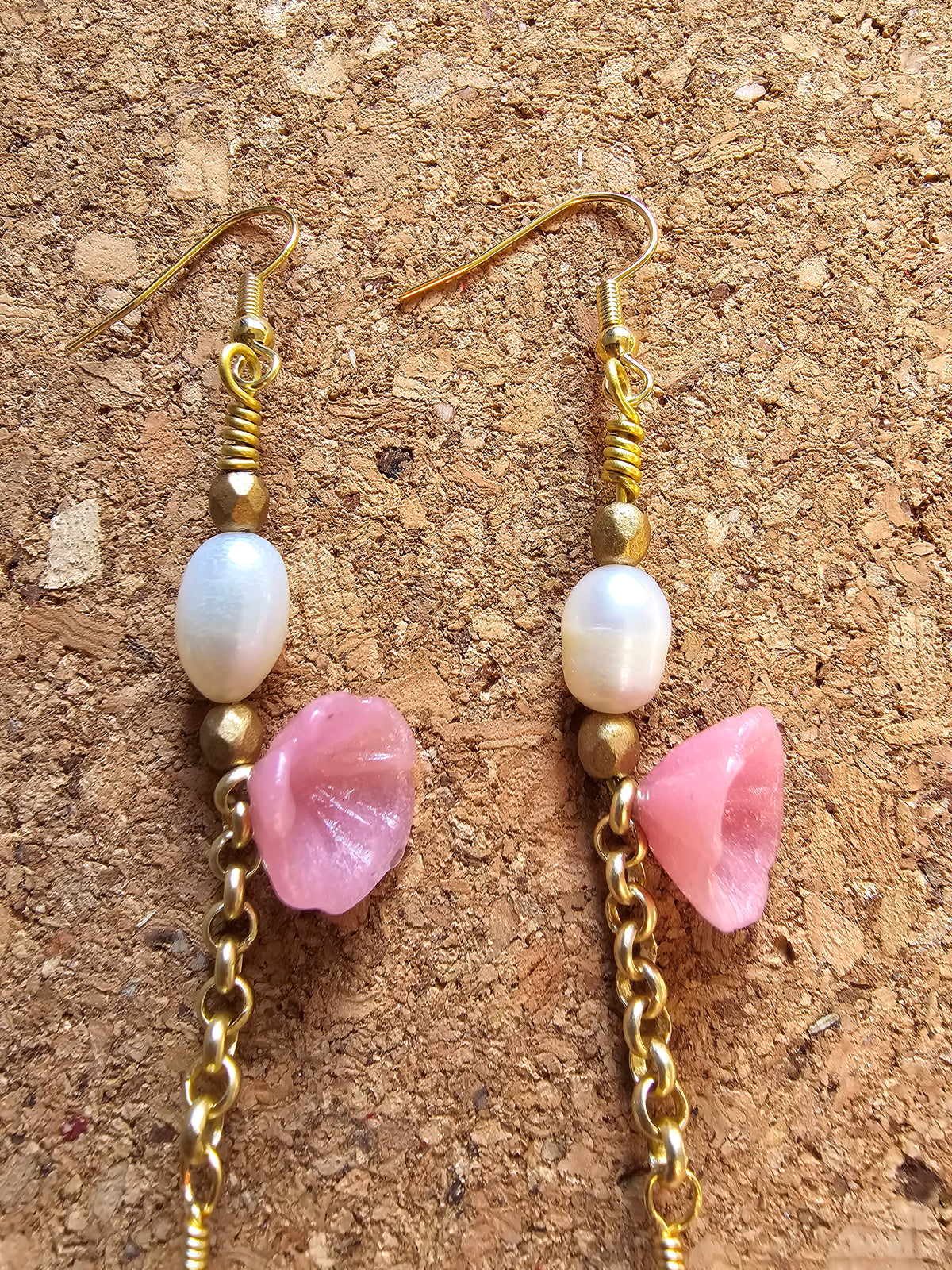 Pink Desert Flower And Fresh Water Pearls Earrings