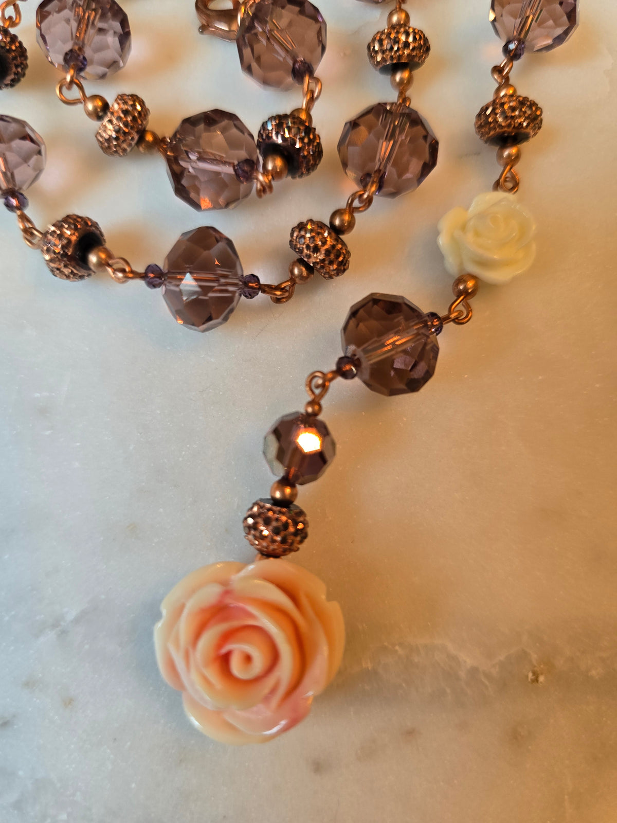 Peach Rose Purple Beaded Necklace