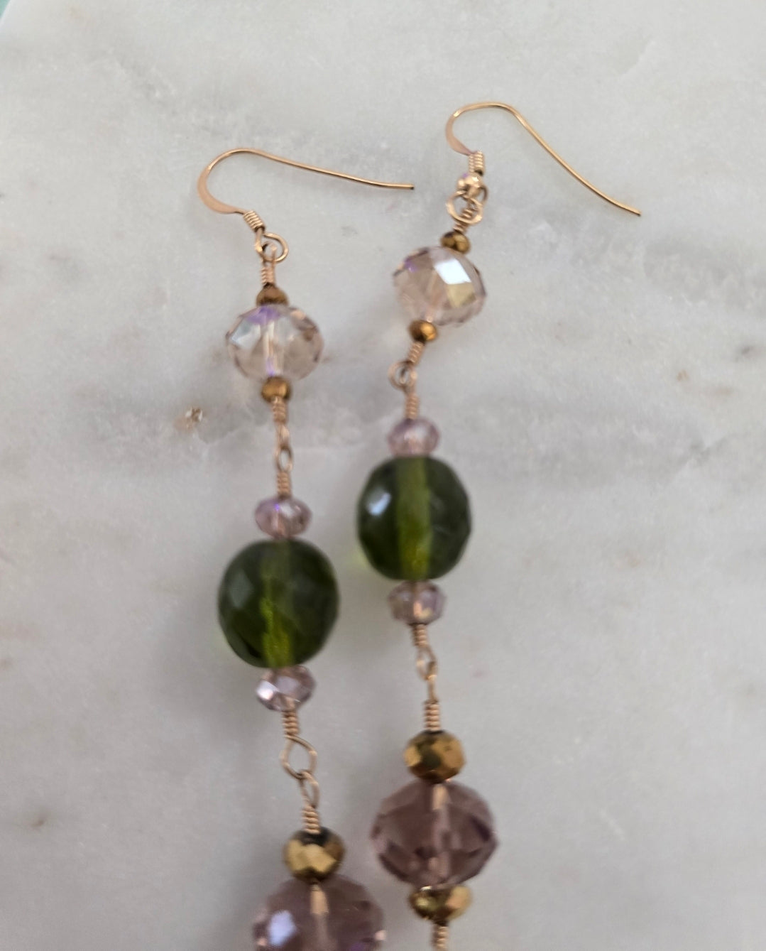 Shoulder tickler irredesent purple green and gold earrings
