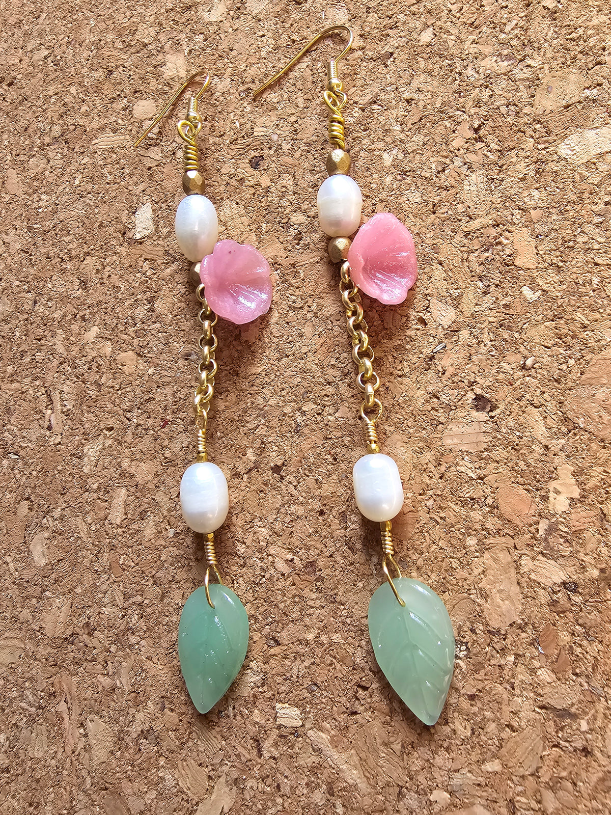 Pink Desert Flower And Fresh Water Pearls Earrings