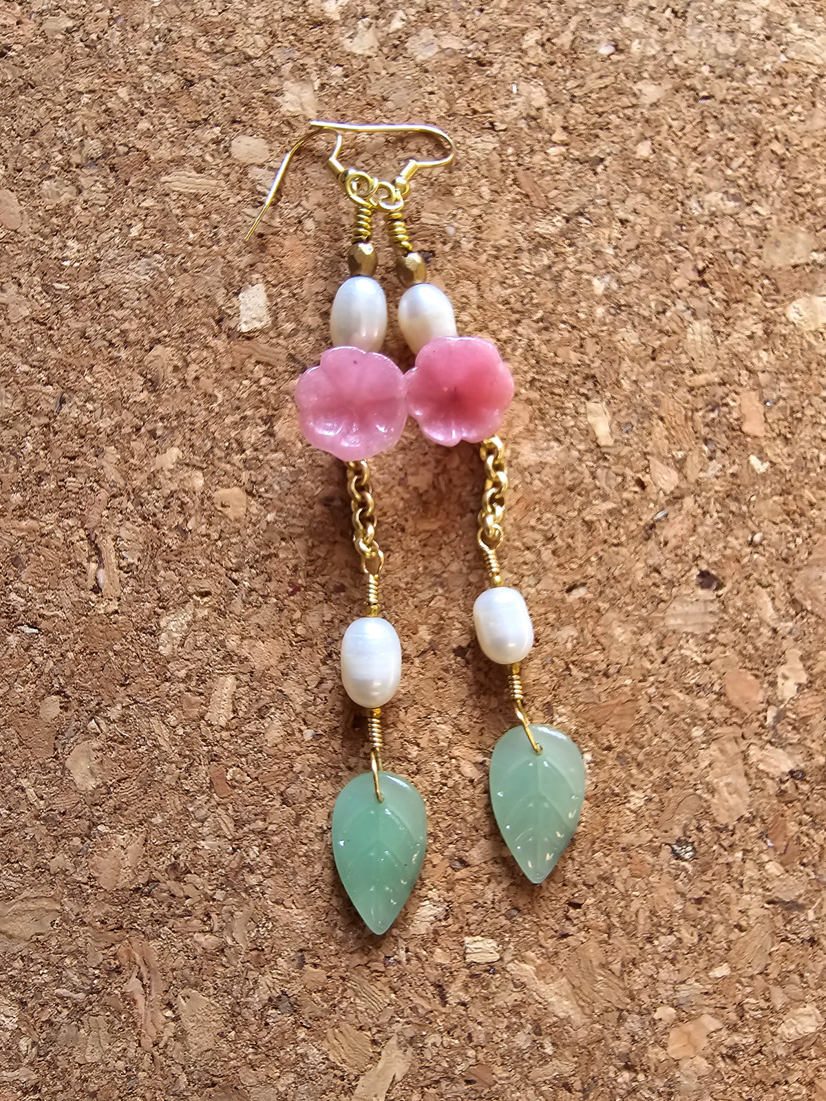 Pink Desert Flower And Fresh Water Pearls Earrings