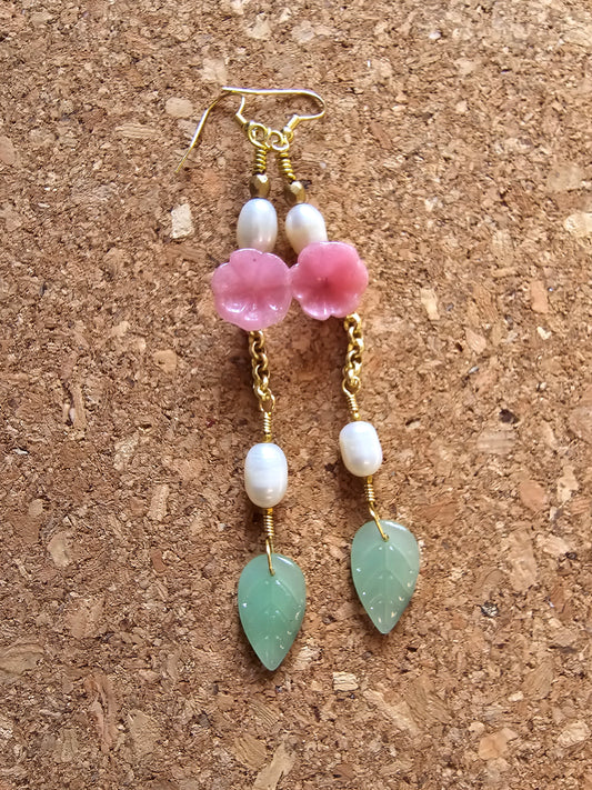 Pink Desert Flower And Fresh Water Pearls Earrings