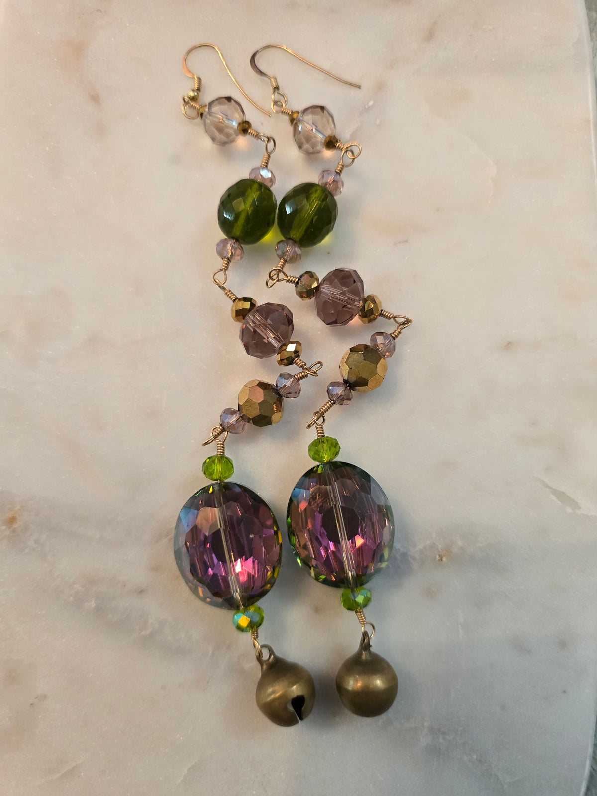 Shoulder tickler irredesent purple green and gold earrings