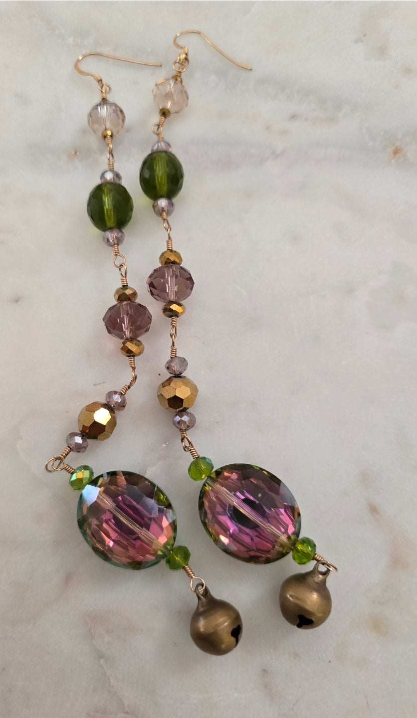 Shoulder tickler irredesent purple green and gold earrings