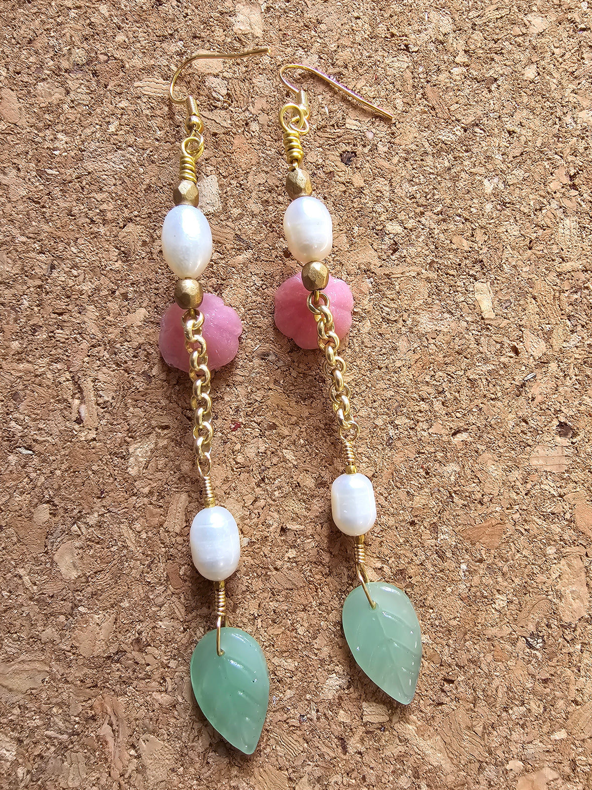Pink Desert Flower And Fresh Water Pearls Earrings