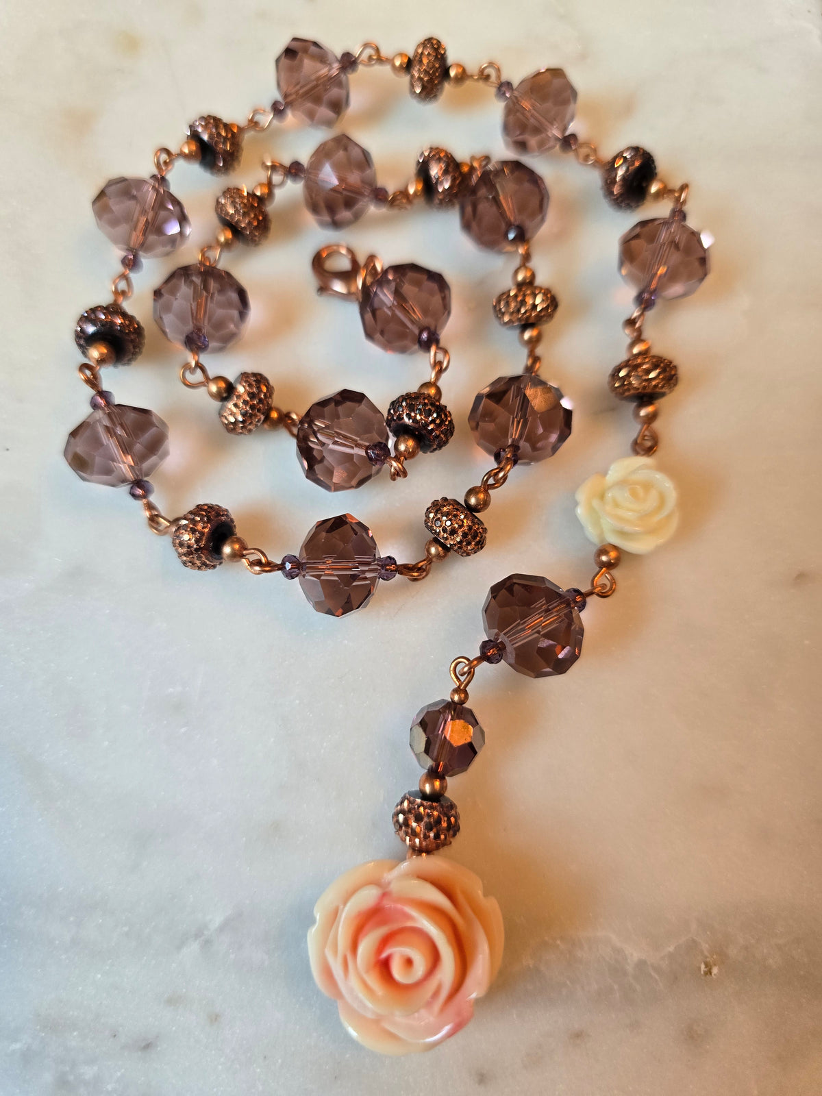 Peach Rose Purple Beaded Necklace