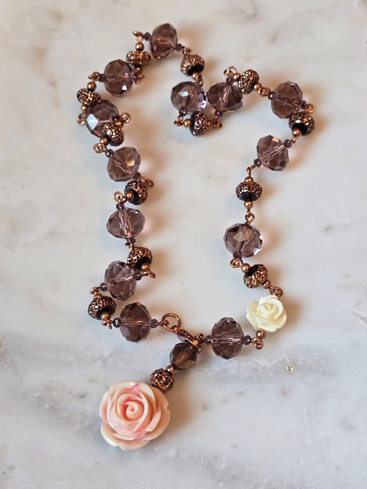 Peach Rose Purple Beaded Necklace
