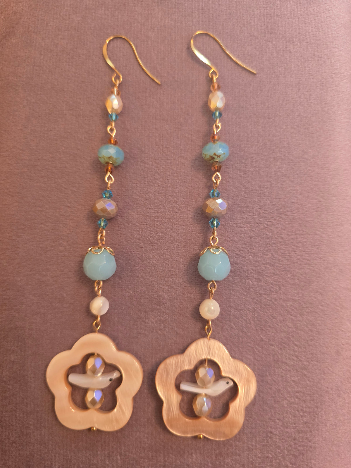 Shoulder tickler shell birdy earrings blue and dark cream