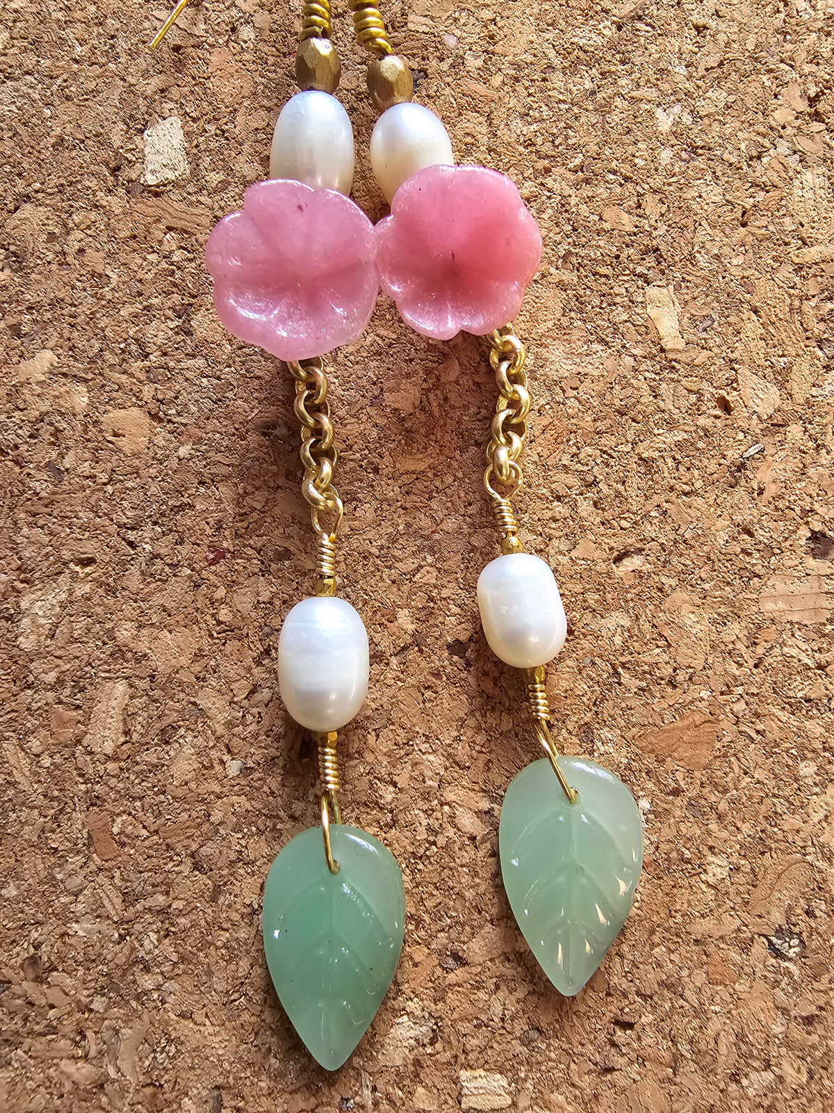 Pink Desert Flower And Fresh Water Pearls Earrings