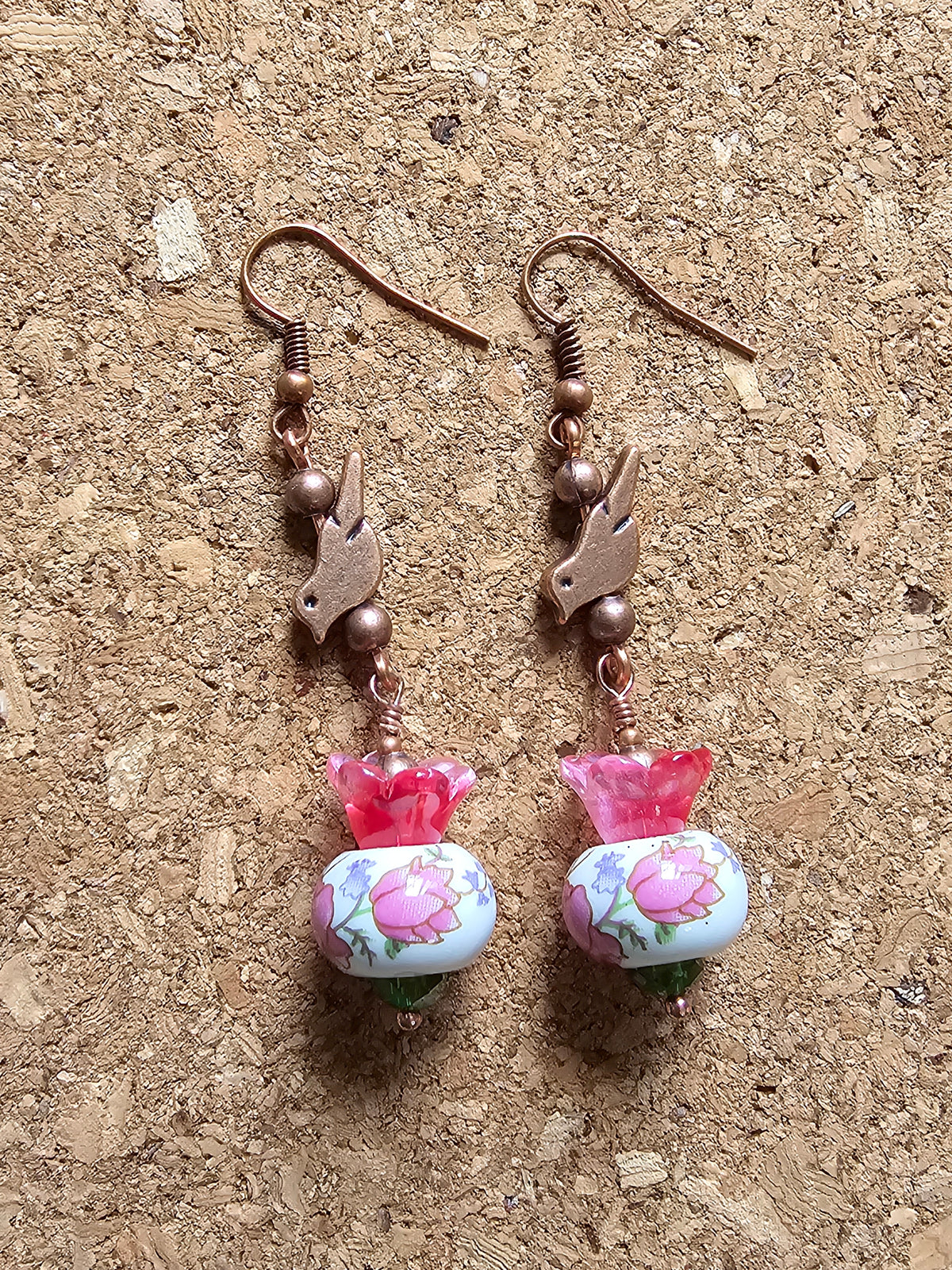 Pink Bird Flower Earrings