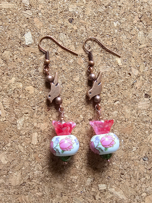 Pink Bird Flower Earrings