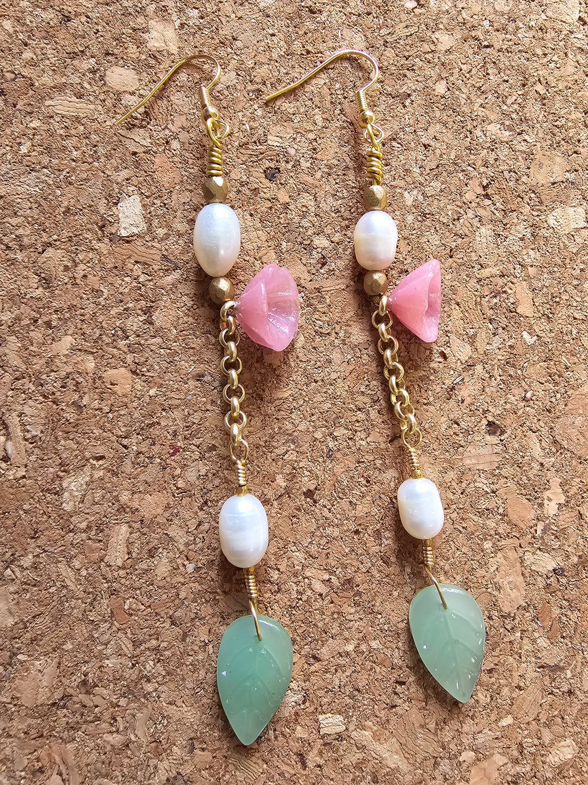 Pink Desert Flower And Fresh Water Pearls Earrings